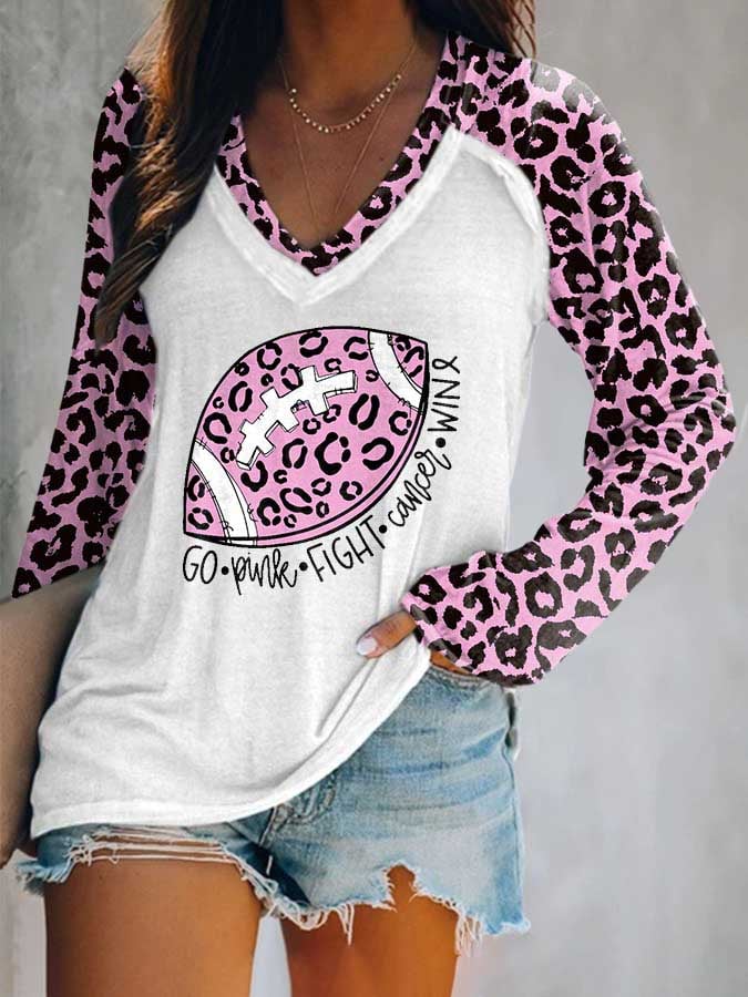 Leopard Football Breast Cancer Go Pink Fight Cancer Win Print Long Sleeve T-Shirt