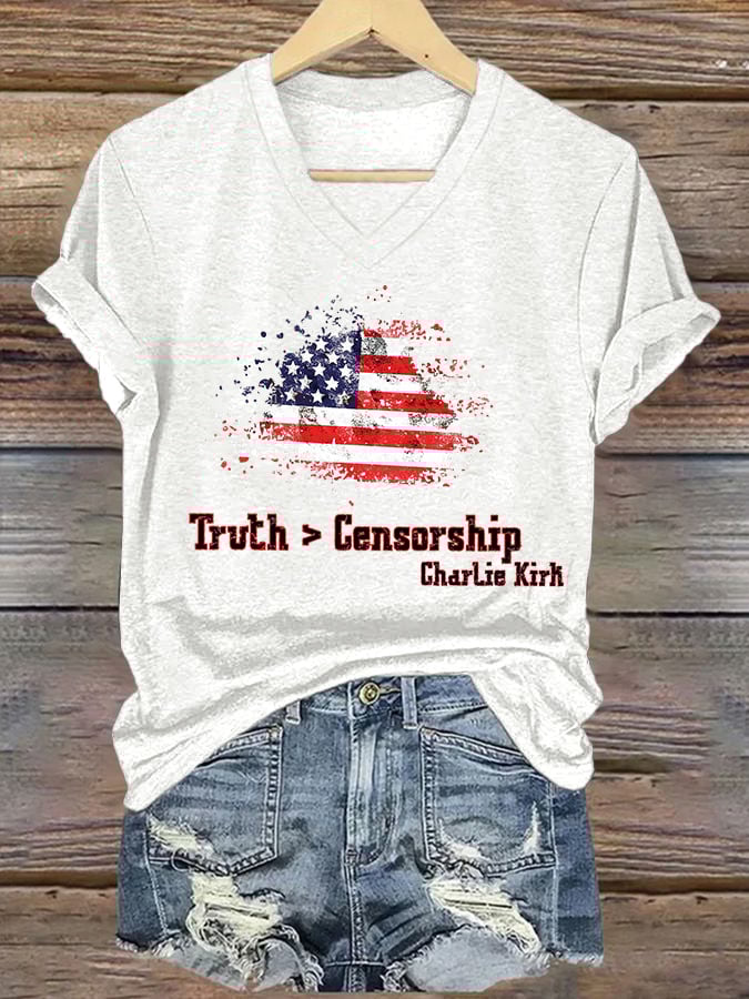 V-Neck Retro Truth > Censorship Print T-Shirt