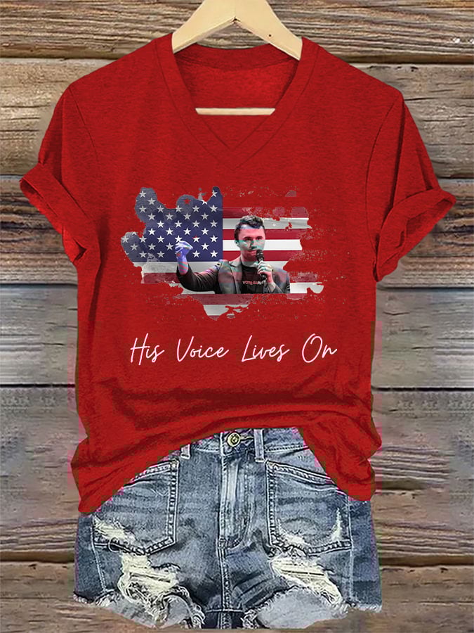 V-Neck Retro His Voice Lives On Print T-Shirt
