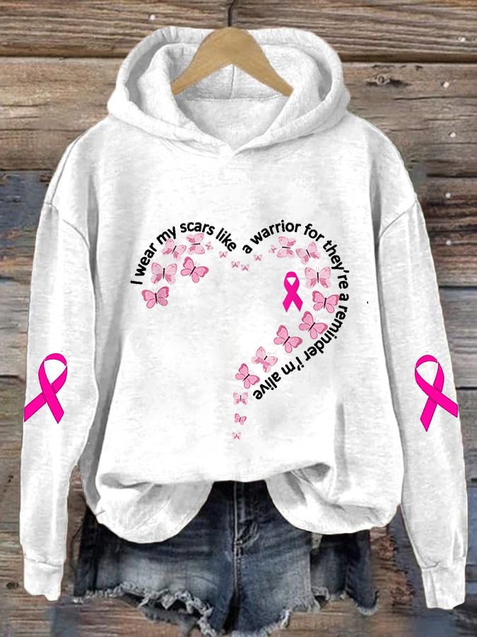 Women's I Wear My Scars Breast Cancer Awareness Print Casual Hoodie