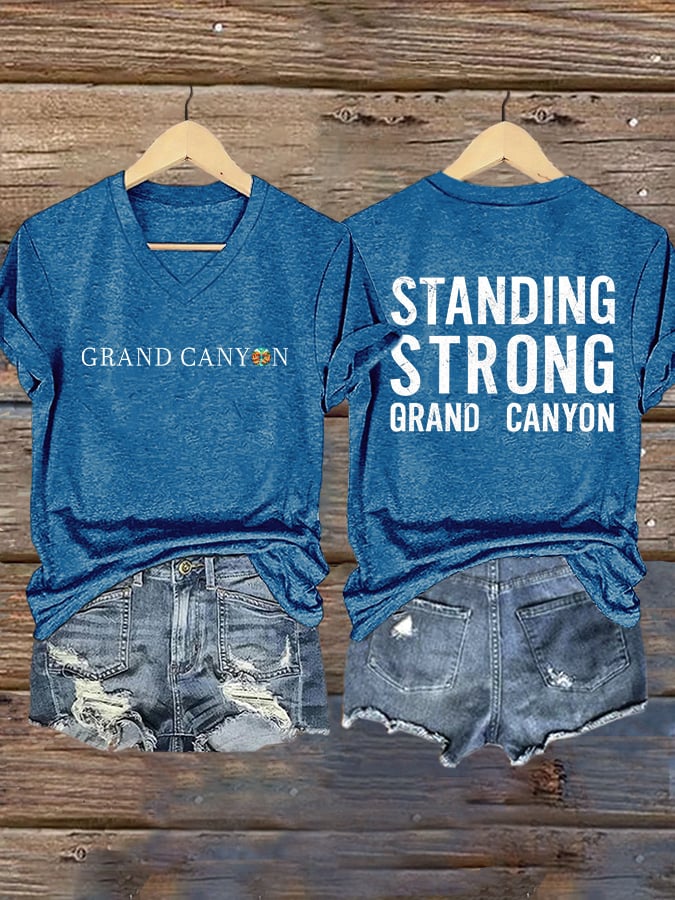 V-Neck Retro Standing Strong Grand Canyon Print T-Shirt