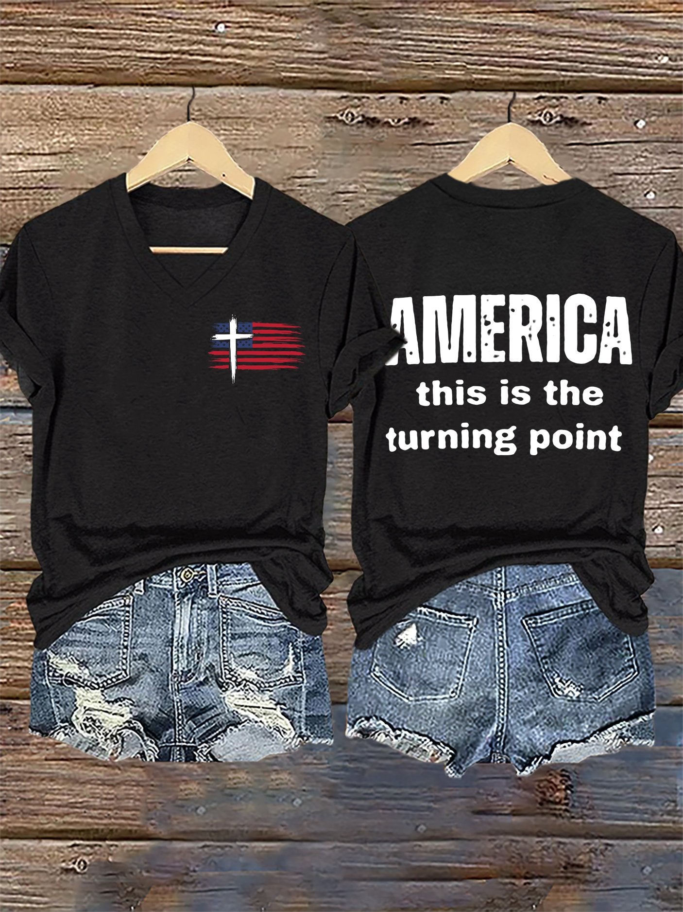 V-Neck Retro Faith Flag Cross America This Is The Turning Point Print T-Shirt