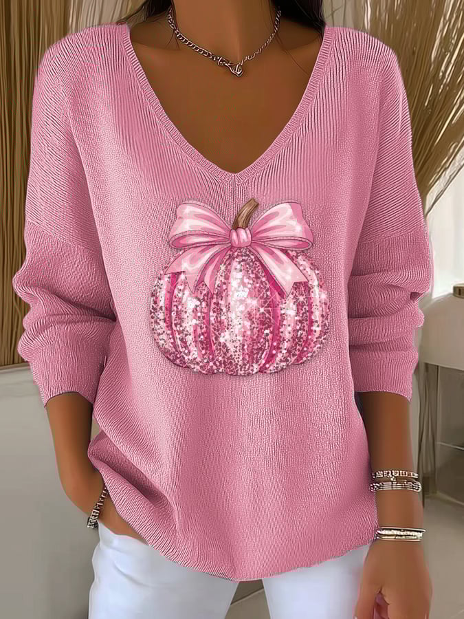 Women's casual pink sequined pumpkin striped long-sleeved top