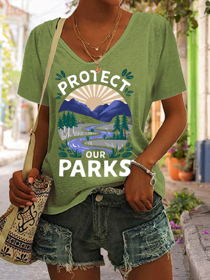 Women's Protect Our National Parks Print V Neck Casual T-Shirt