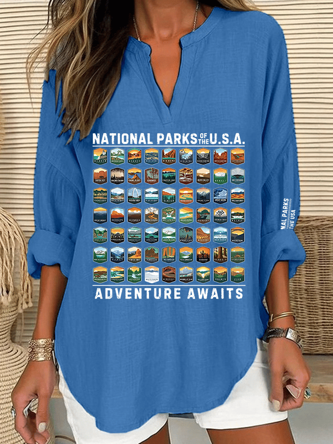 Women's National Parks Of The USA Print Casual Long Sleeve V-Neck Shirt