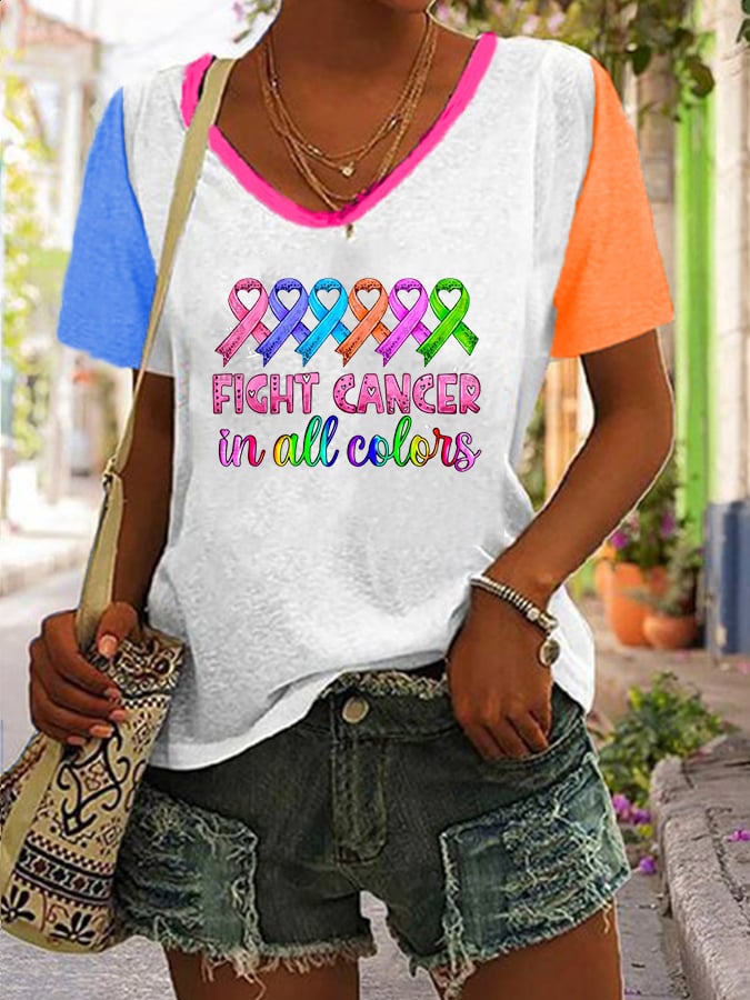 Breast Cancer V-Neck Print T-Shirt