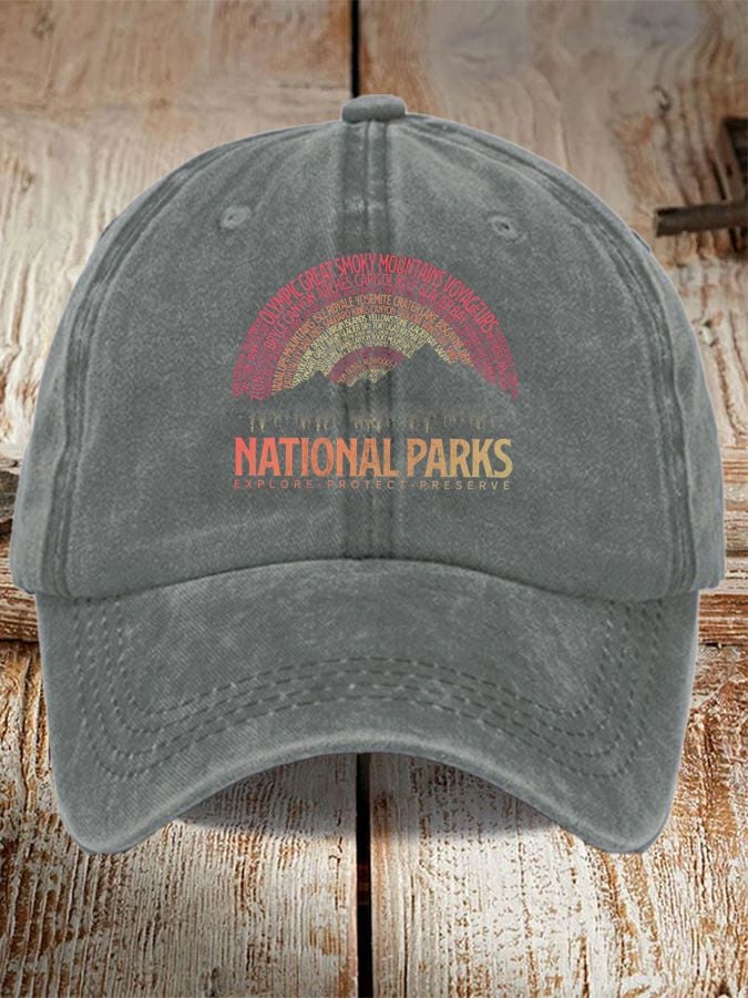 Unisex Distressed Washed Cotton Hot Spot 63 National Parks Explore, Protect, Preserve Printed Hat