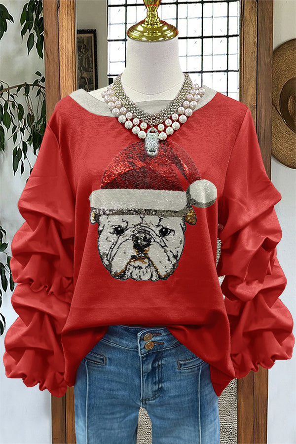Shiny Christmas Gameday Bulldog Print Pleated Sweatshirt