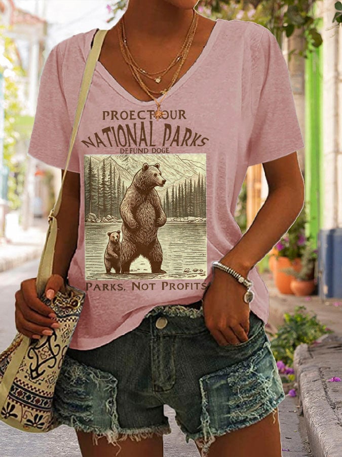 Women's Support National Parks Print V Neck Casual T-Shirt