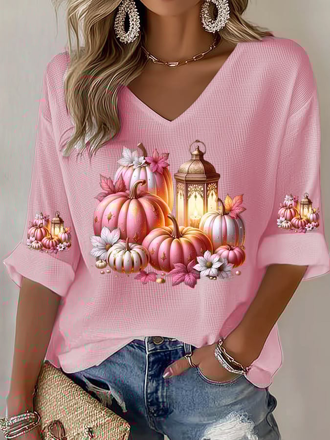 Women's Beat Breast Cancer Pink Pumpkin Print T-Shirt
