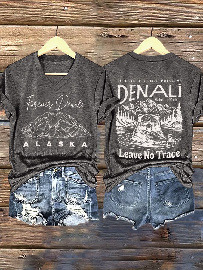 V-neck Retro Explore Protect Preserve Denali National Park Leave No Trace Forever Denali Alaska Print T-Shirt