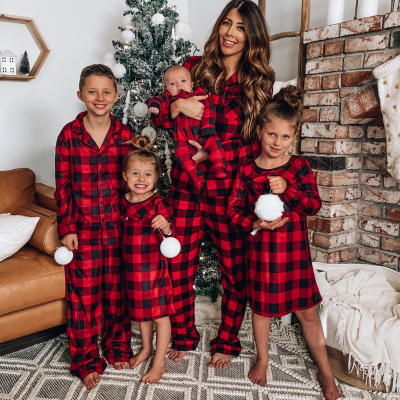 Red Plaid Stand Collar Matching Family Christmas Pajamas