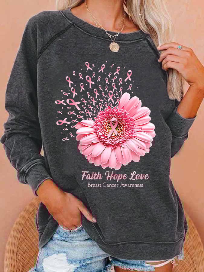 Breast Cancer Awareness Faith Hope Love Daisy Flower Ribbon Print Sweatshirt