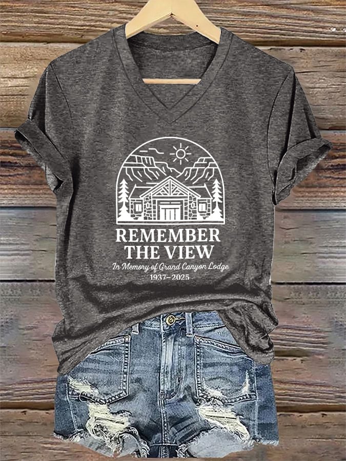 V-Neck Retro Remember The View In Memory Of Grand Canyon Lodge 1937-2025 Print T-Shirt