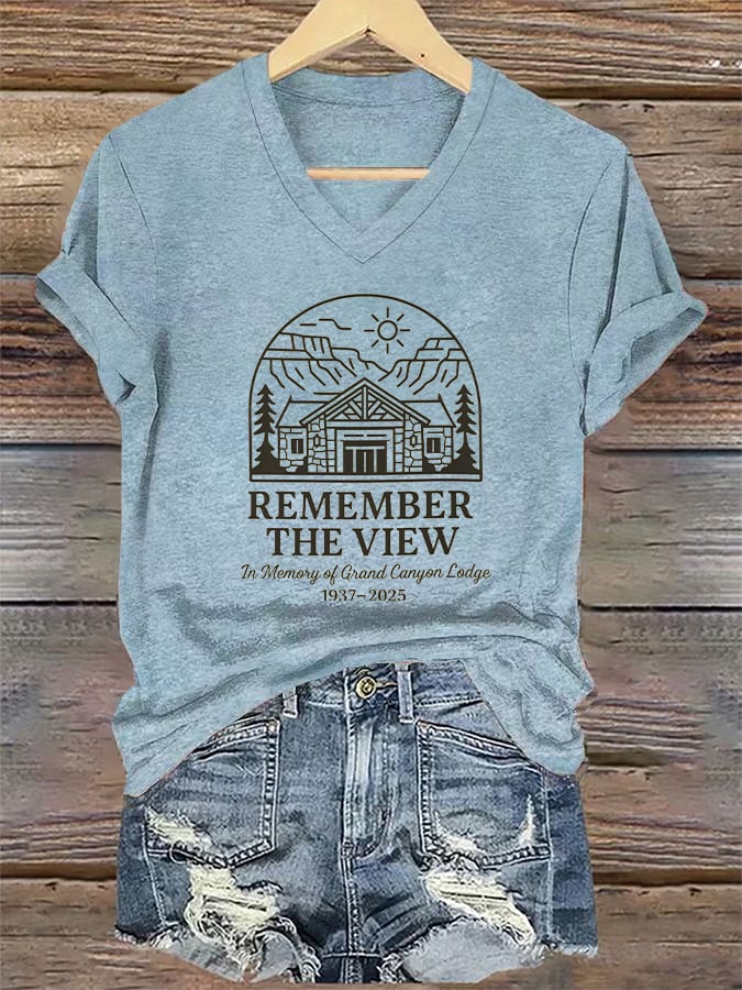 V-Neck Retro Remember The View In Memory Of Grand Canyon Lodge 1937-2025 Print T-Shirt