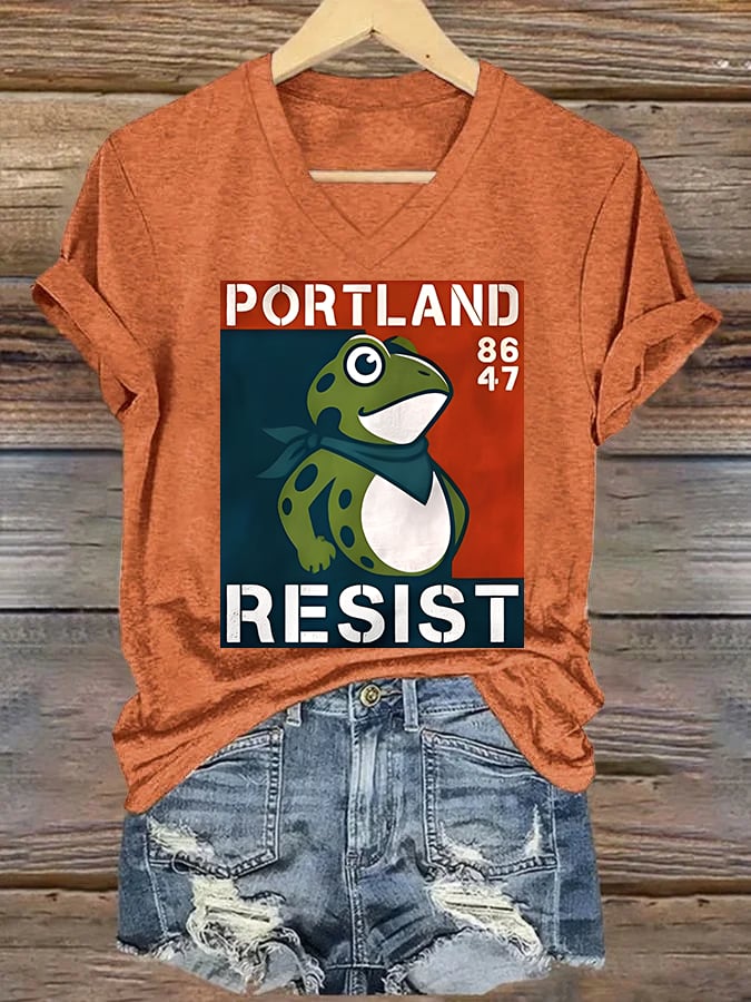 V-neck Women's Portland Frog 8647 resist Print T-Shirt