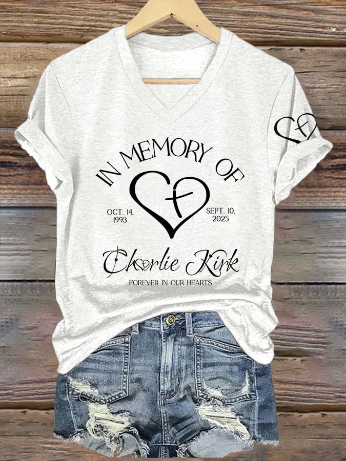 V-Neck Retro Forever In Our Hearts Print T-Shirt