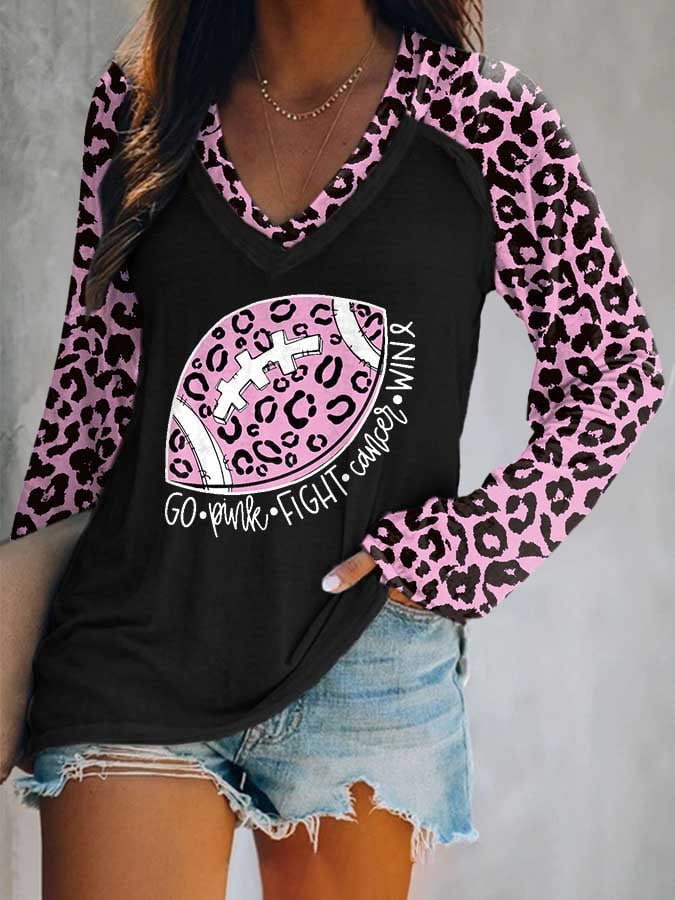 Leopard Football Breast Cancer Go Pink Fight Cancer Win Print Long Sleeve T-Shirt