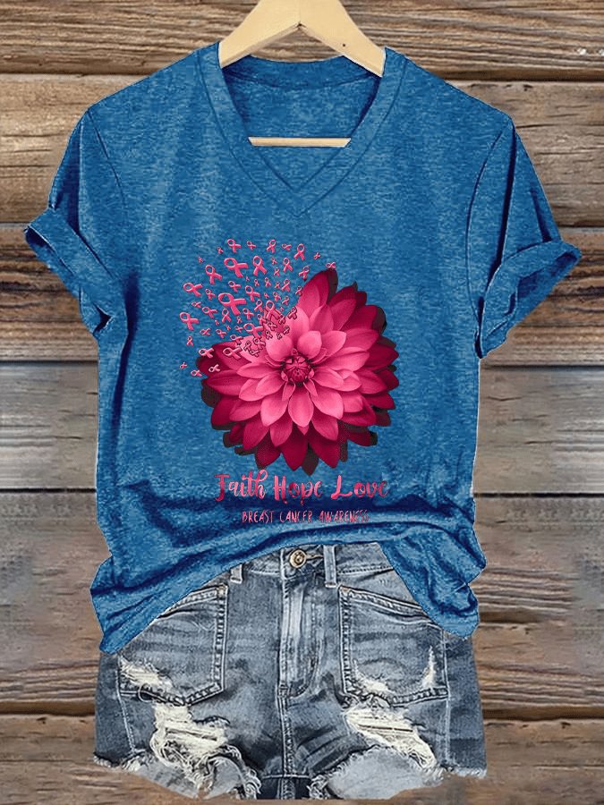 Women's Daisy Faith Pink Ribbon Breast Cancer Awareness Print V Neck Short Sleeve T-Shirt