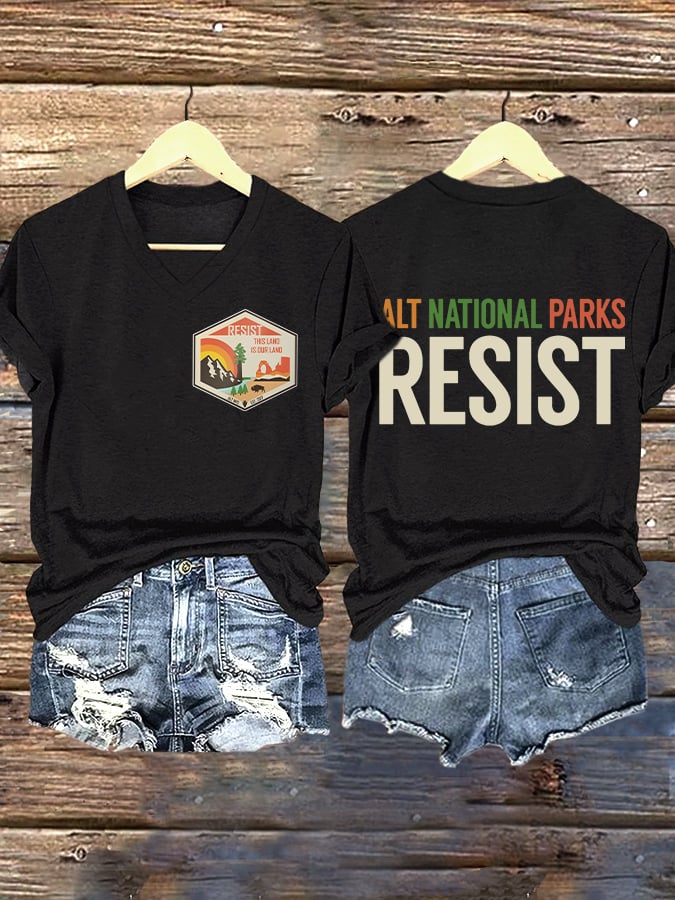 V-neck Retro ALT National Parks Resist This Land Is Our Land Print T-Shirt