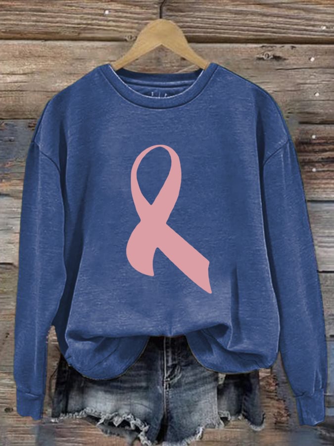 Retro Breast Cancer Awareness Pink Ribbon Print Sweatshirt