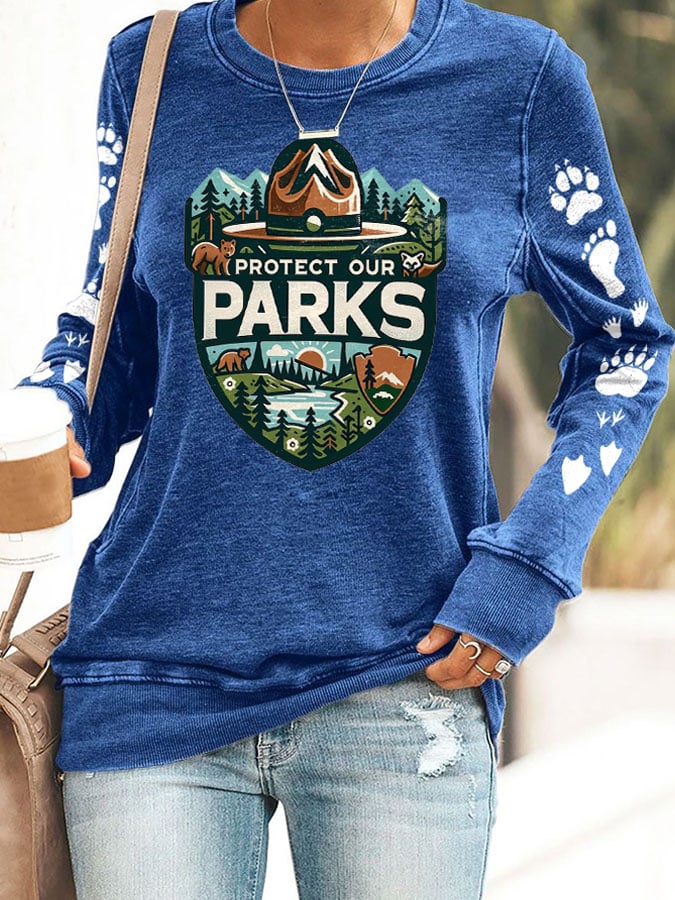 Women's Protect Our National Parks Print Round Neck Sweatshirt