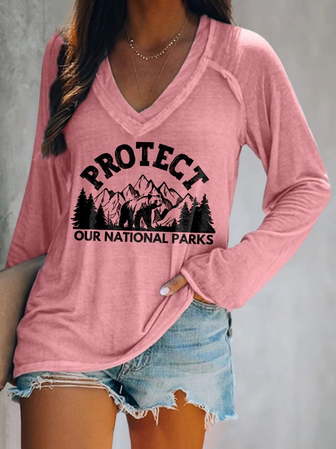 Women's Protect Our National Parks Print V Neck T-Shirt