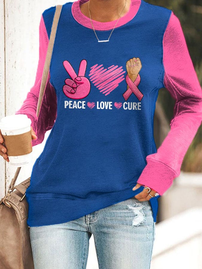 Breast Cancer Awareness Peace Love Cure Print Sweatshirt