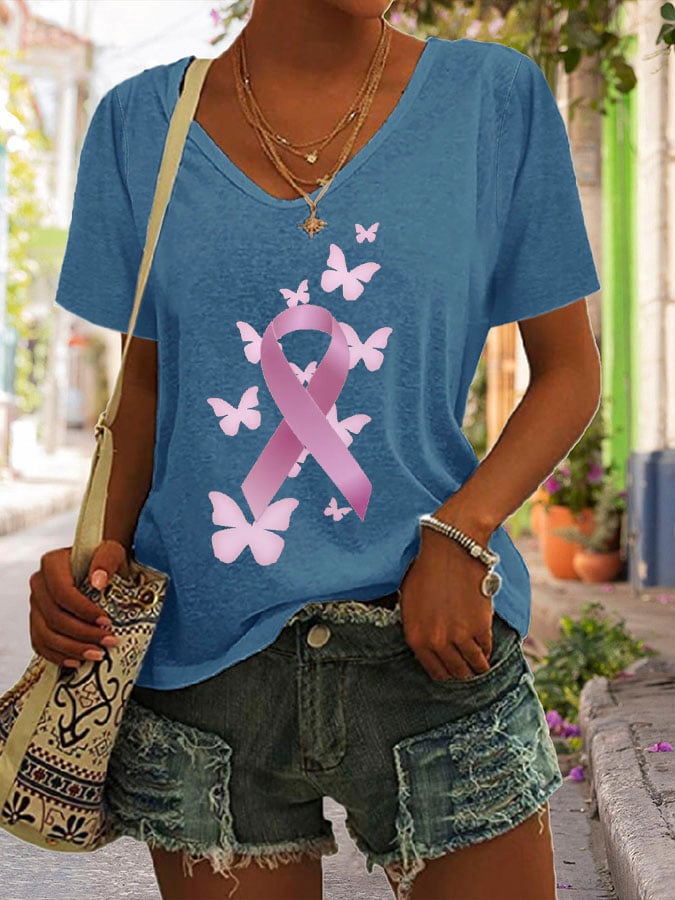 Women's Butterfly Breast Cancer Print Loose Short Sleeve T-Shirt