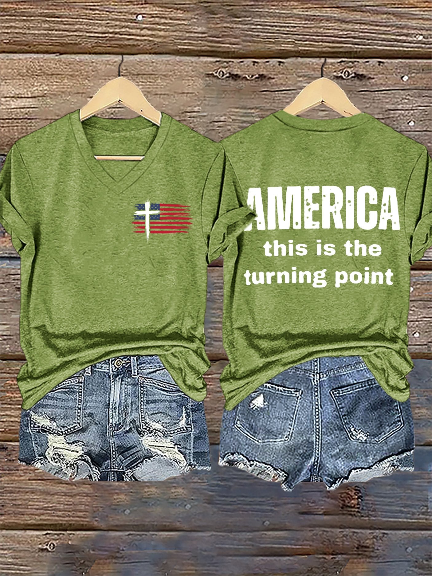 V-Neck Retro Faith Flag Cross America This Is The Turning Point Print T-Shirt
