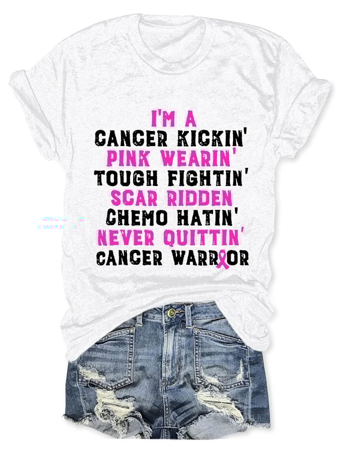 Breast Cancer Awareness Cancer Kickin' Chemo Hatin' Warrior Print T-Shirt
