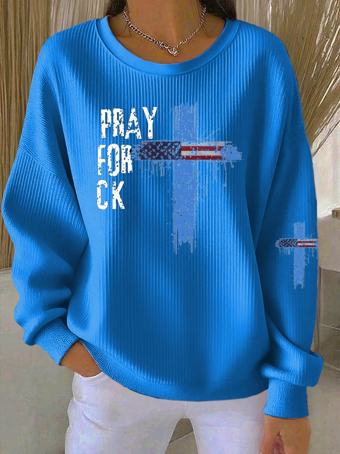 Women's Pray for Charlie Print Knit Crew Neck Long Sleeve Top