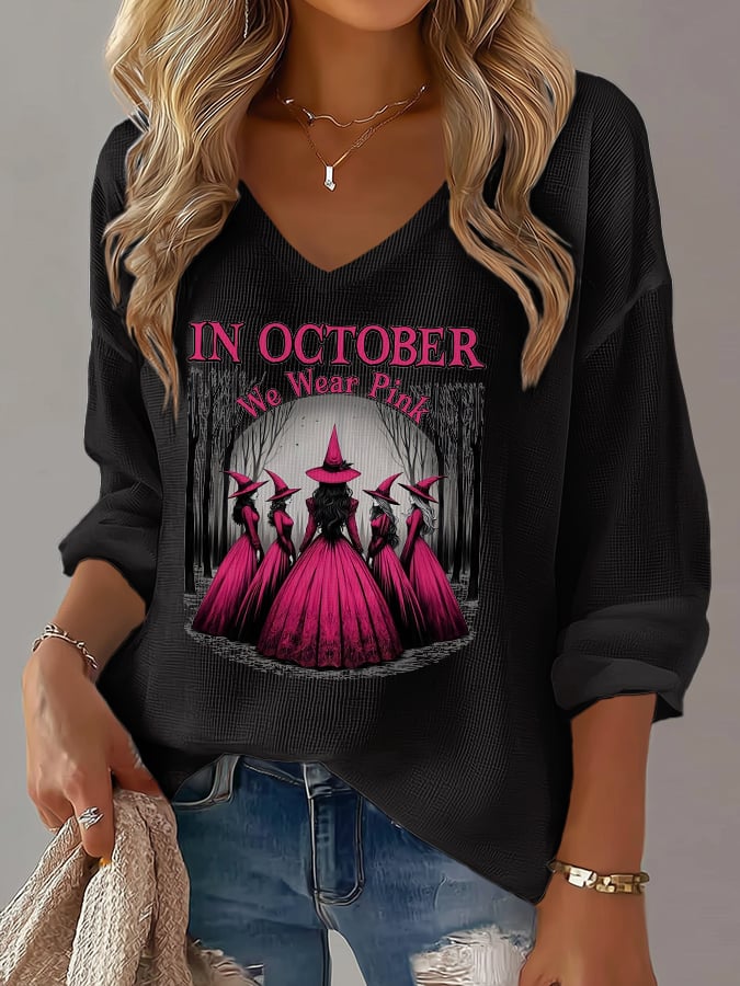 Women's Casual Pink Witch October We Wear Pink Waffle Long Sleeve T-shirt