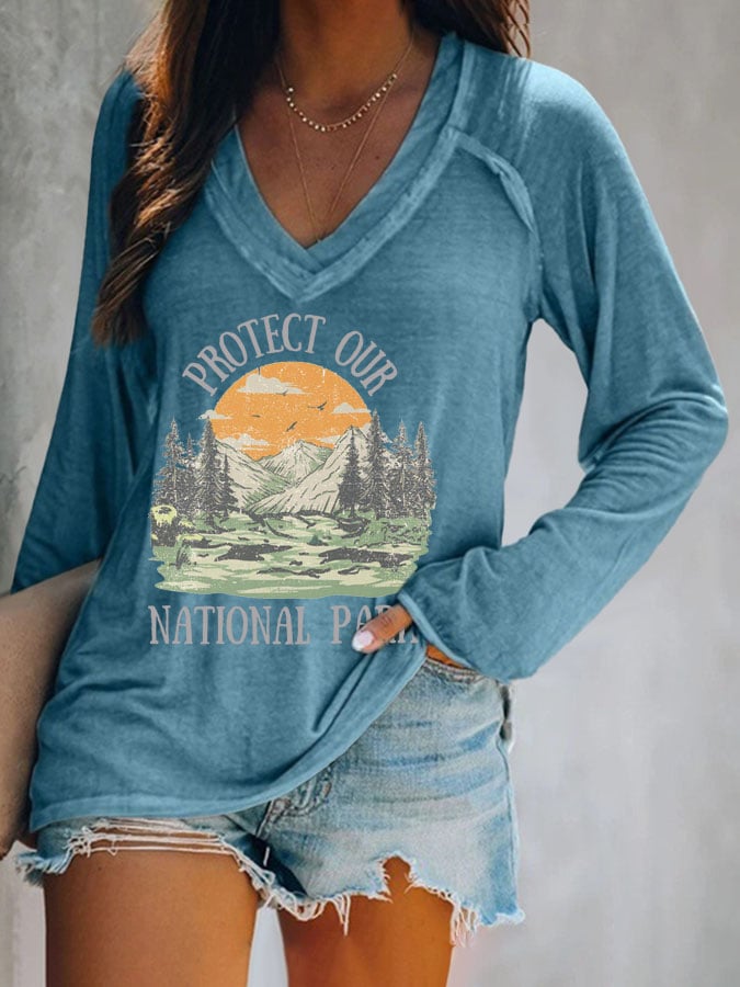 Women's Protect Our National Parks Print V Neck T-Shirt