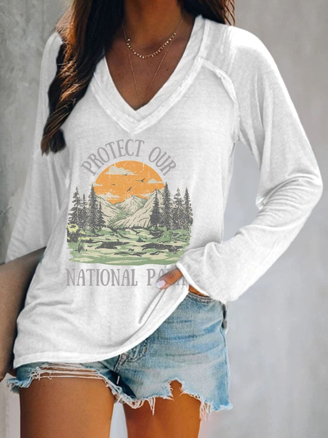 Women's Protect Our National Parks Print V Neck T-Shirt