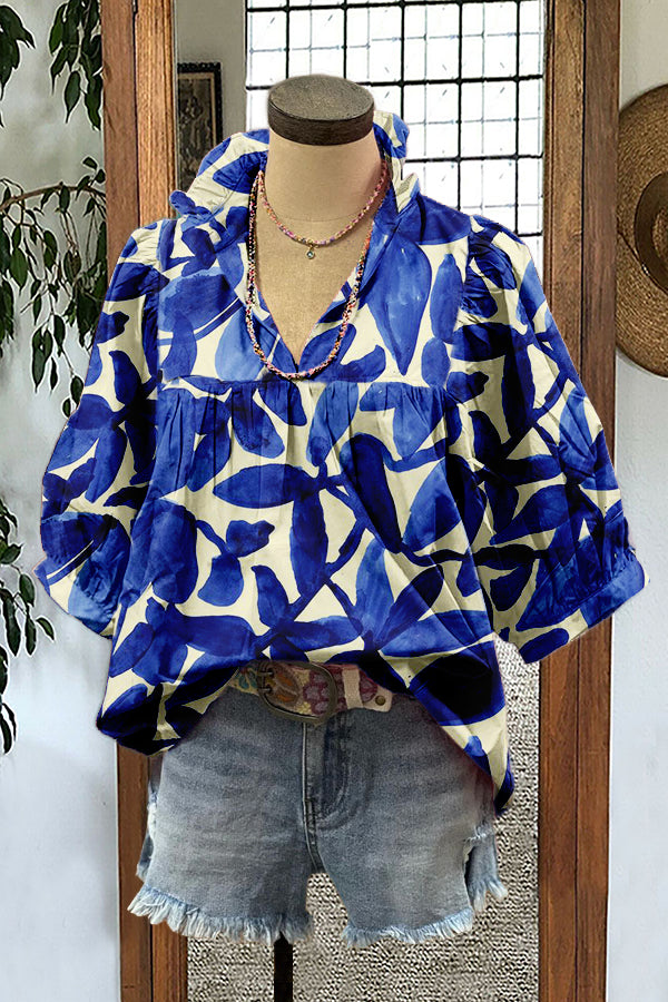 Classic Abstract Floral Puff Sleeve Blouse