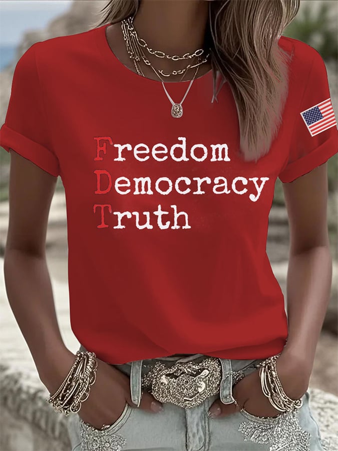 Women's Freedom Democracy Truth Print Round Neck T-Shirt