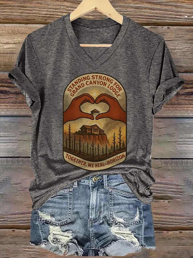 Women's Standing Strong For Grand Canyon Lodge Print V Neck T-shirt