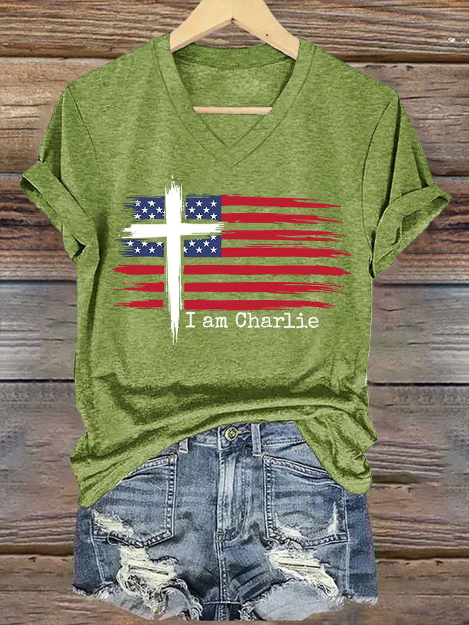V-Neck Retro Faith Flag Cross I Am Print T-Shirt