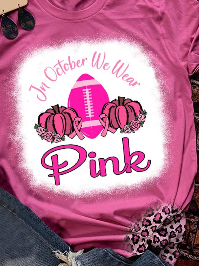 In October We Wear Pink Pumpkin Football Leopard Print T-Shirt