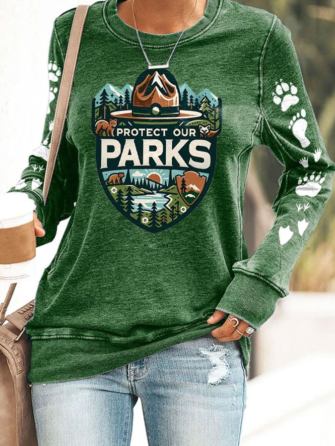 Women's Protect Our National Parks Print Round Neck Sweatshirt