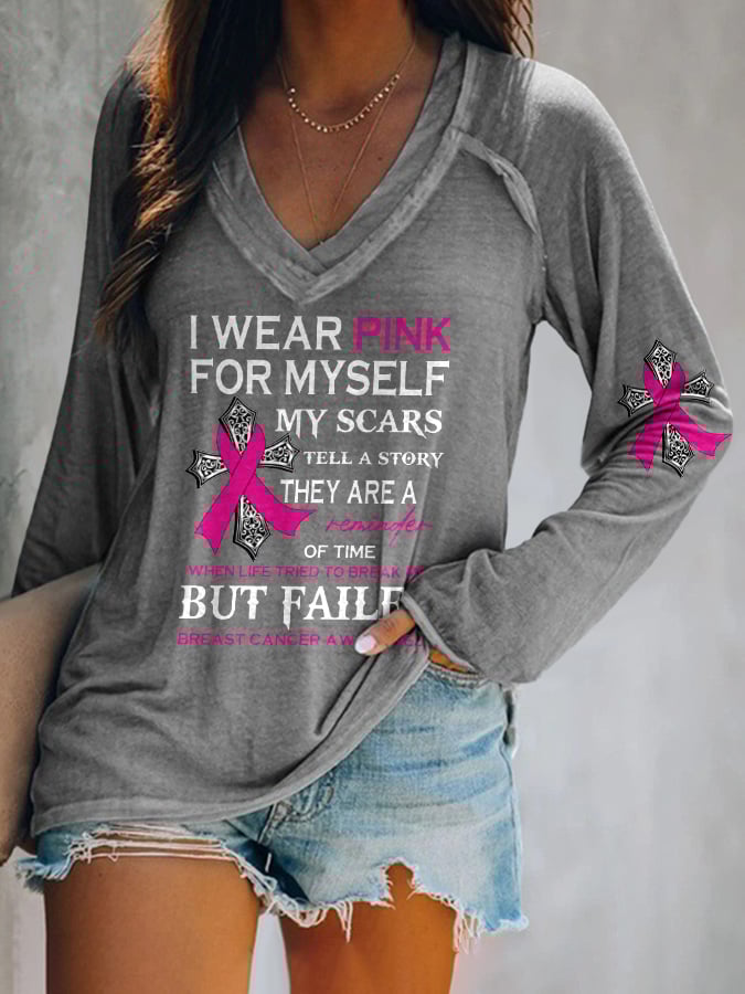 V-Neck Faith Breast Cancer Awareness I Wear Pink For Myself Long Sleeve T-Shirt