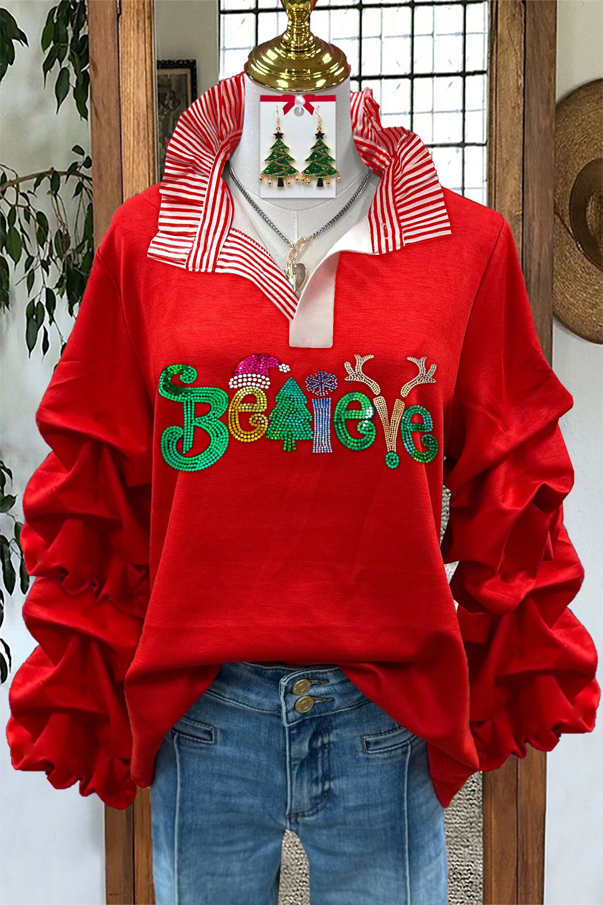 Sweet Christmas Believe Diamond Pleated Blouse