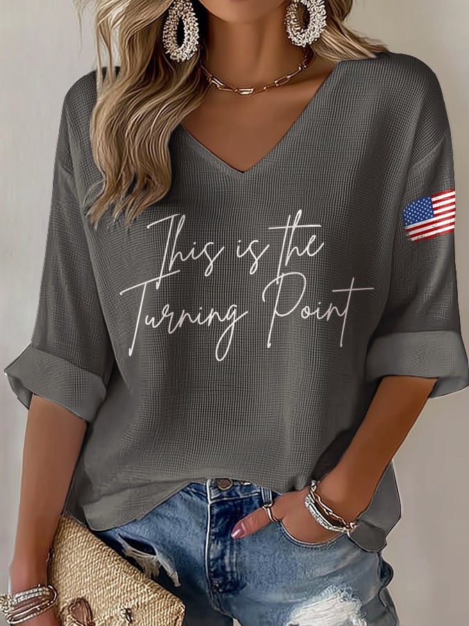 V-Neck Retro This Is The Turning Point Print T-Shirt