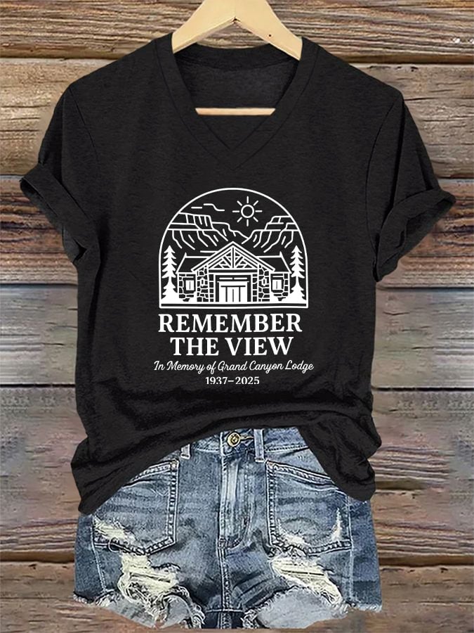 V-Neck Retro Remember The View In Memory Of Grand Canyon Lodge 1937-2025 Print T-Shirt