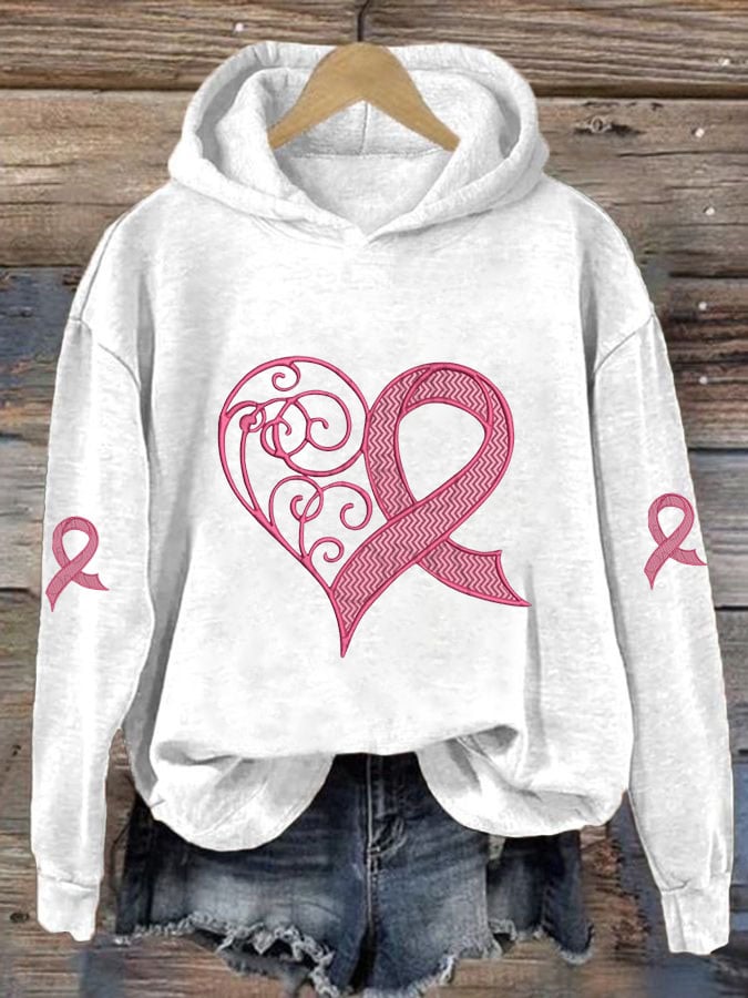 Women's Breast Cancer Awareness Heart Ribbon Print Sweatshirt