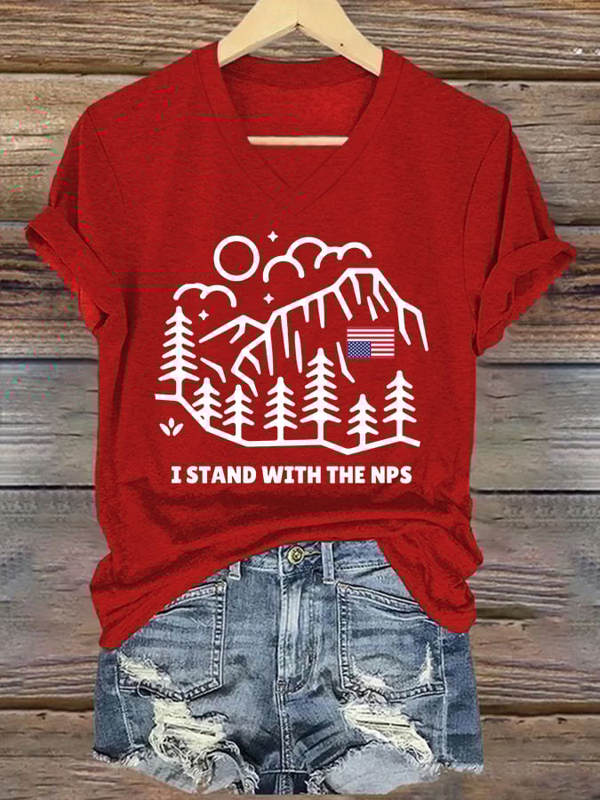 V-neck Retro I Stand With The NPS National Park Support Print T-Shirt