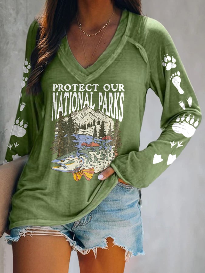 Women's Protect Our National Parks Print V Neck T-Shirt