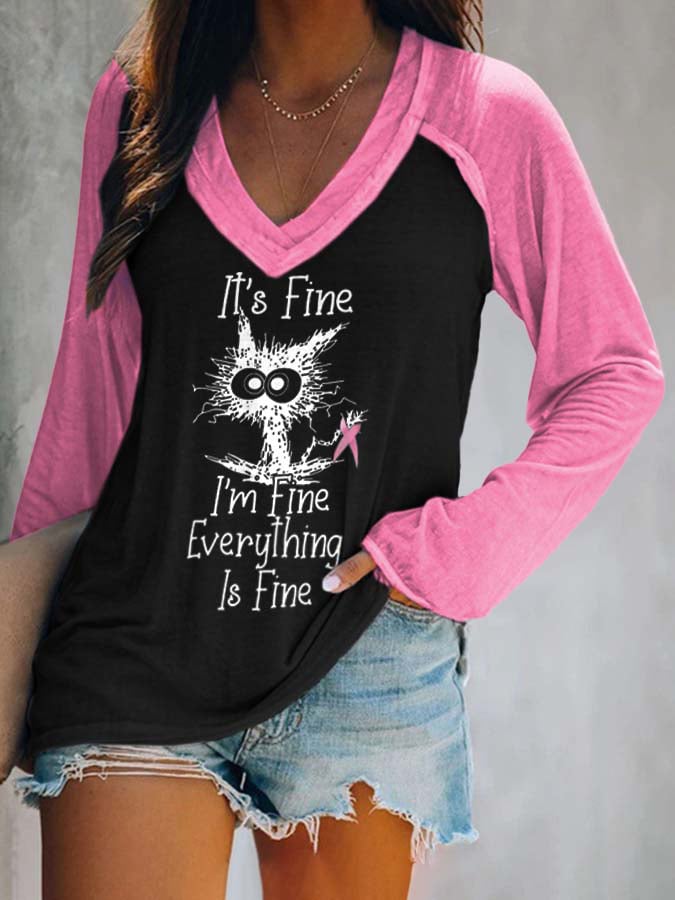 Women's Pink Breast Cancer Awareness Print Long Sleeve V-Neck T-Shirt