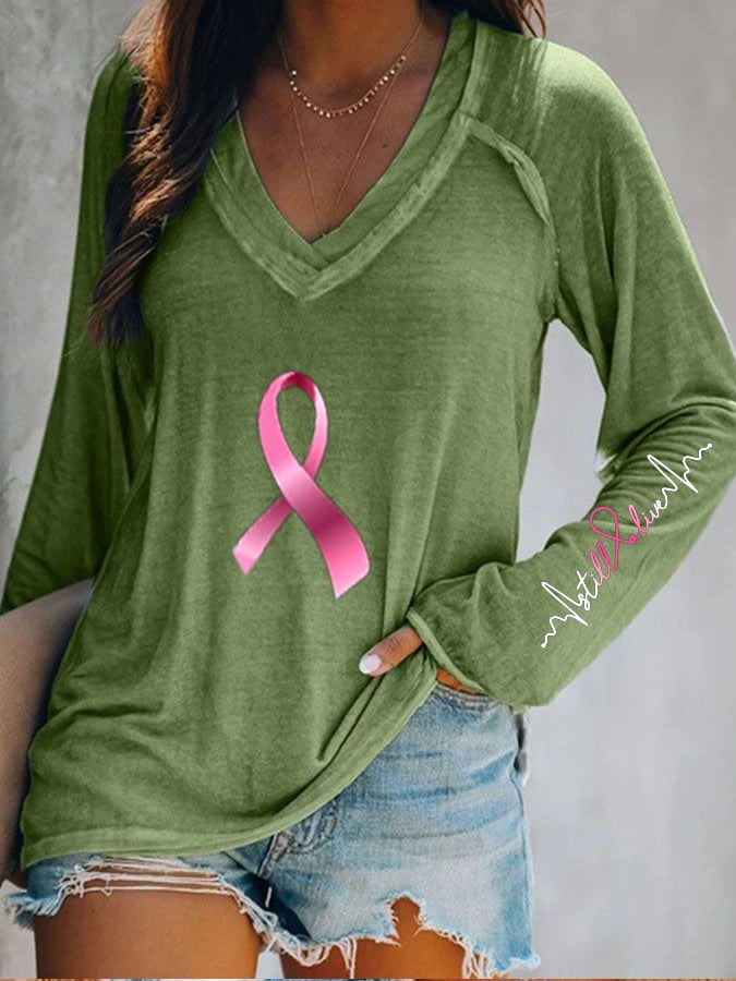 Breast Cancer Still Alive V Neck Long Sleeve Casual T-Shirt